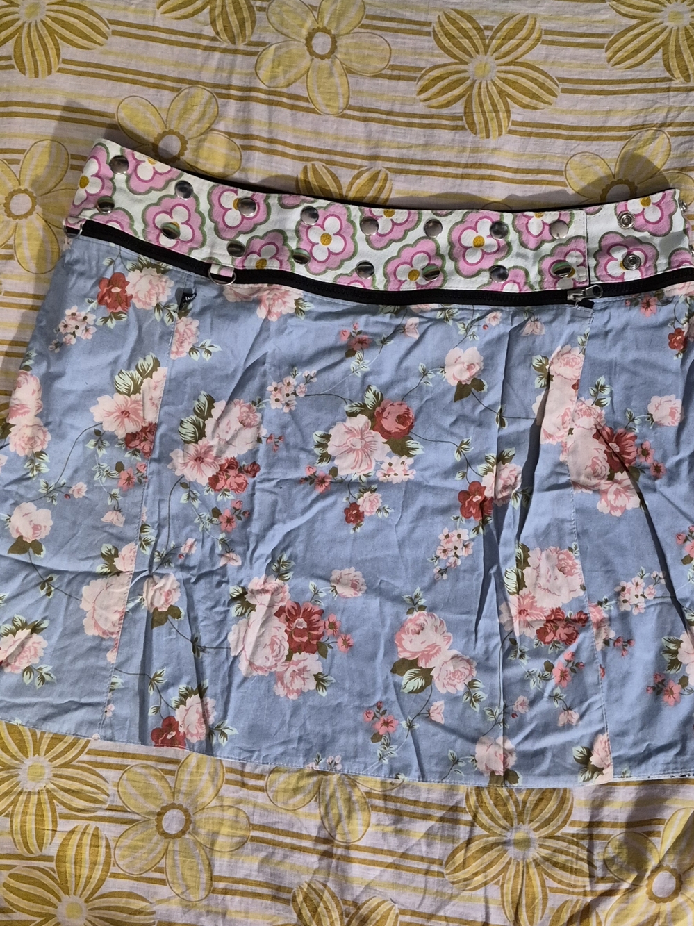 Sky Blue Floral Cotton Skirt with Contrasting Floral Waistband
